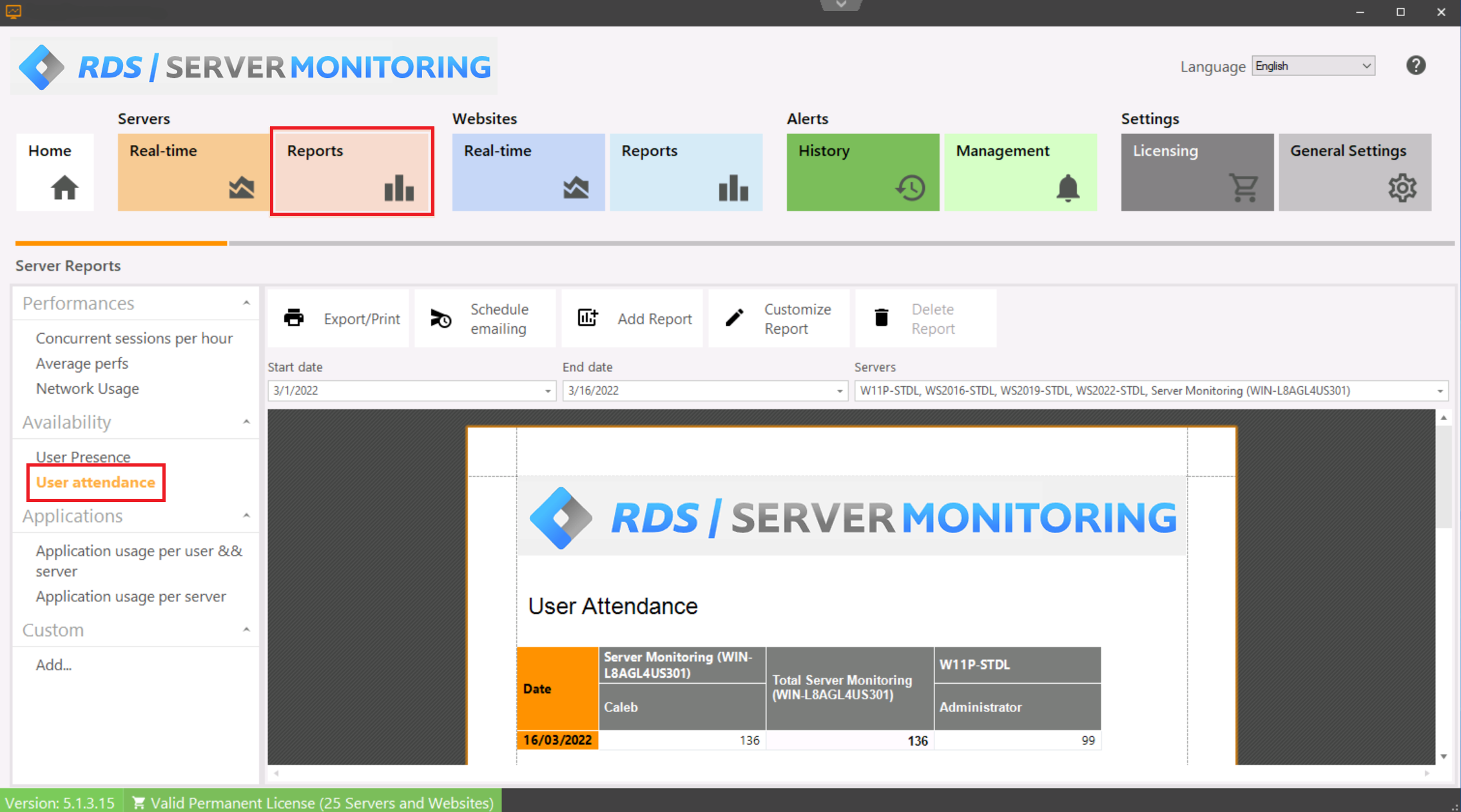 Server User Attendance Report Screenshot