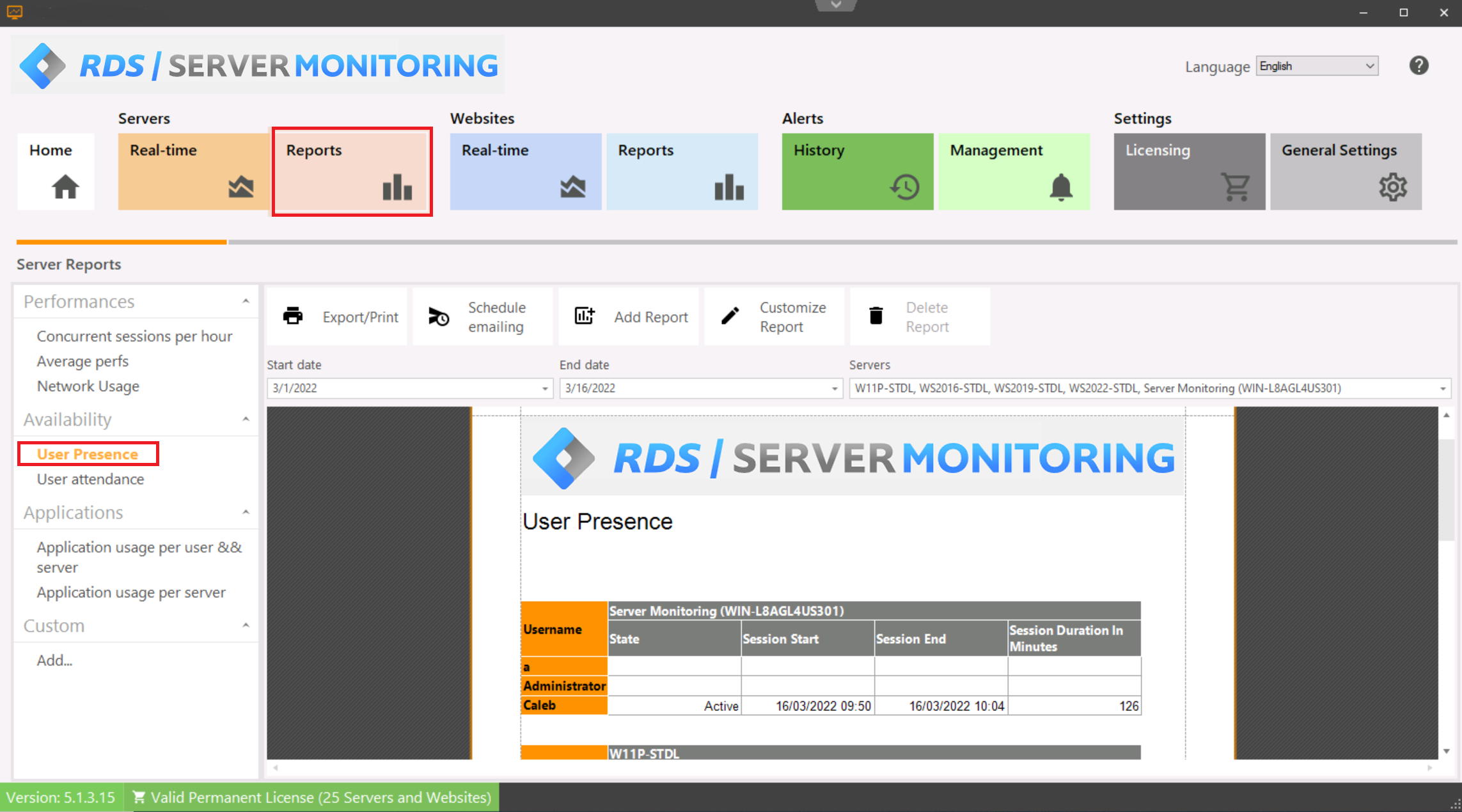 Server User Presence Report Screenshot