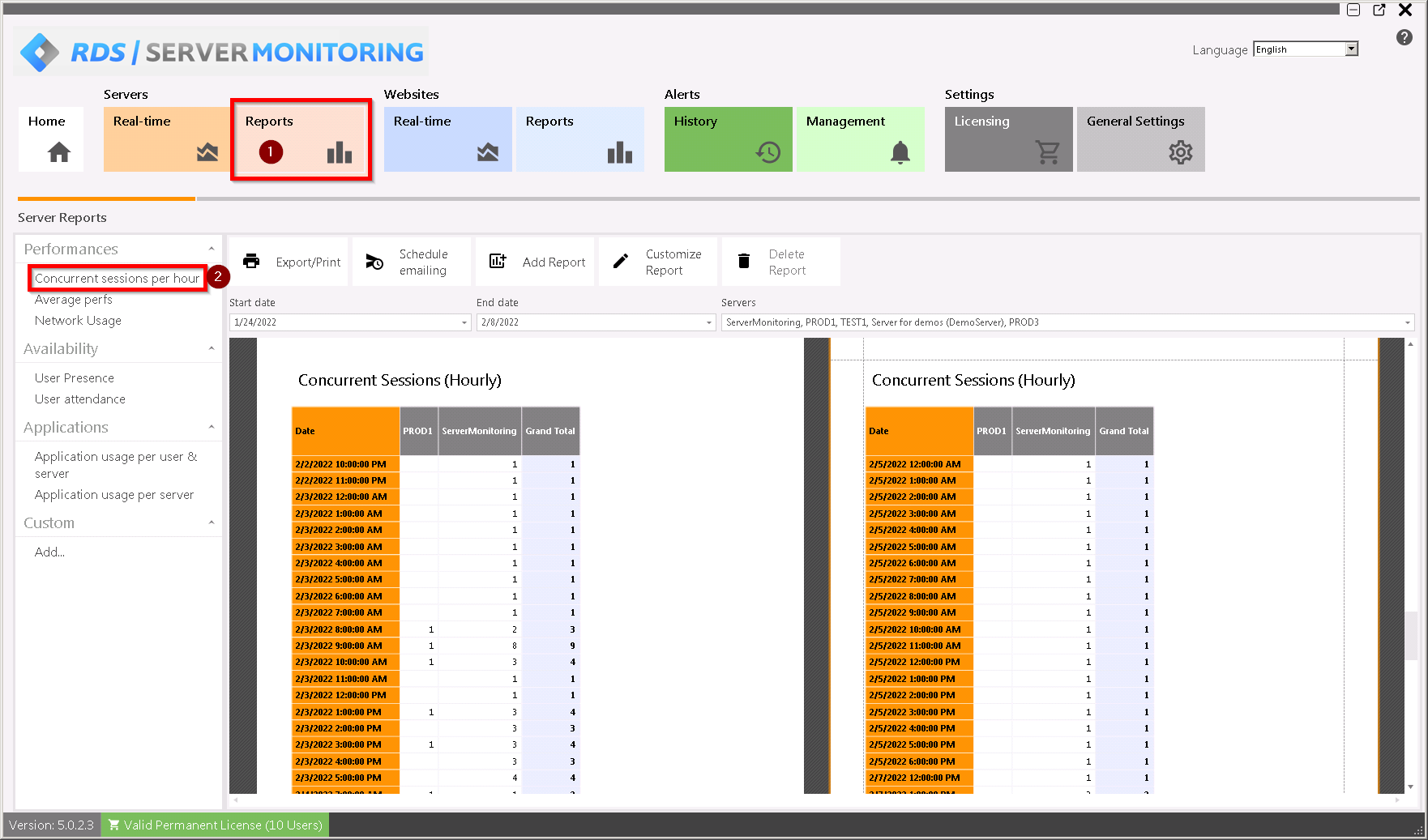 Server Concurrent sessions Screenshot