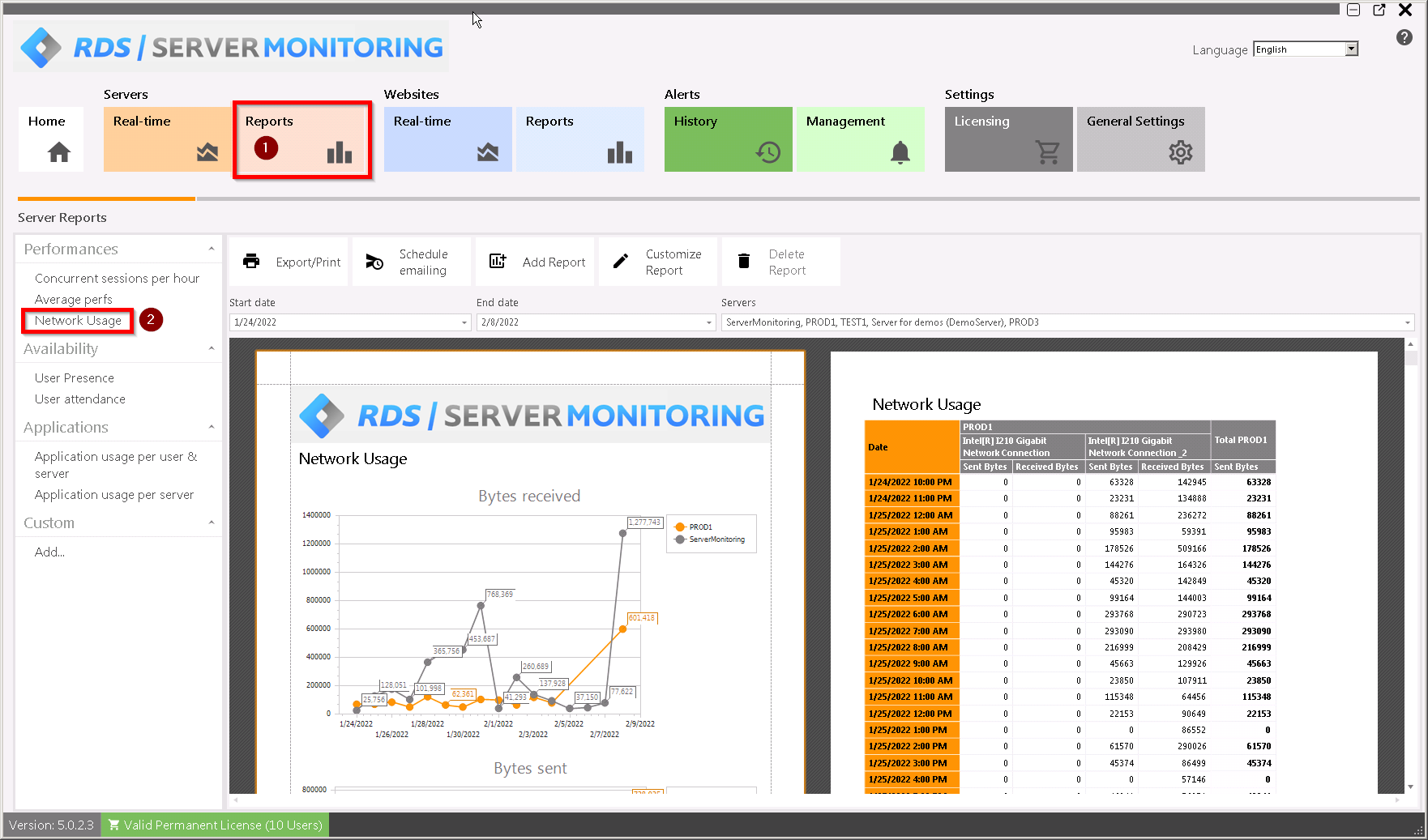 Server Network Usage Report Screenshot